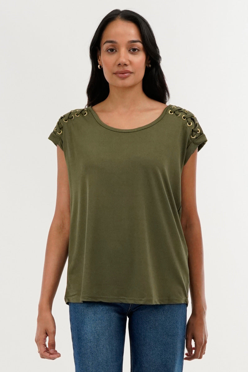 International INC Company Shoulder Lace Up Tee - Olive - Womens Tees & Tank Tops - Fairweather
