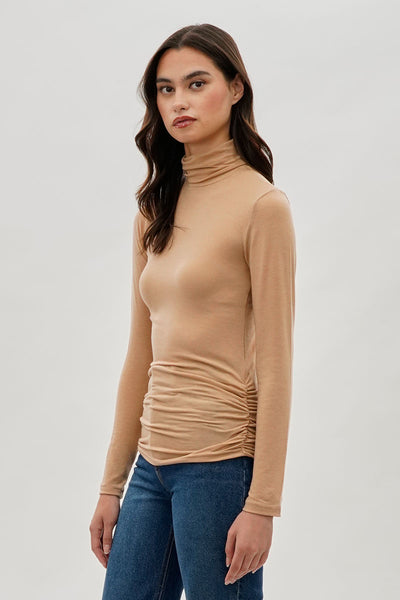 Magazine Cinched Side Turtleneck Long Sleeve Top - Cream - Womens Long Sleeve Tops - Fairweather