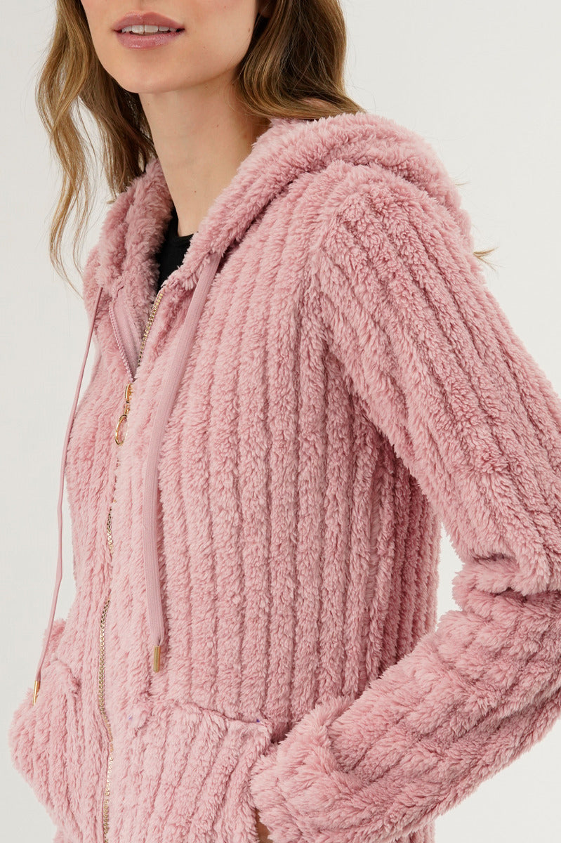 Fahrenheit Plush Hooded Zip Up Lightweight Jacket - Pink