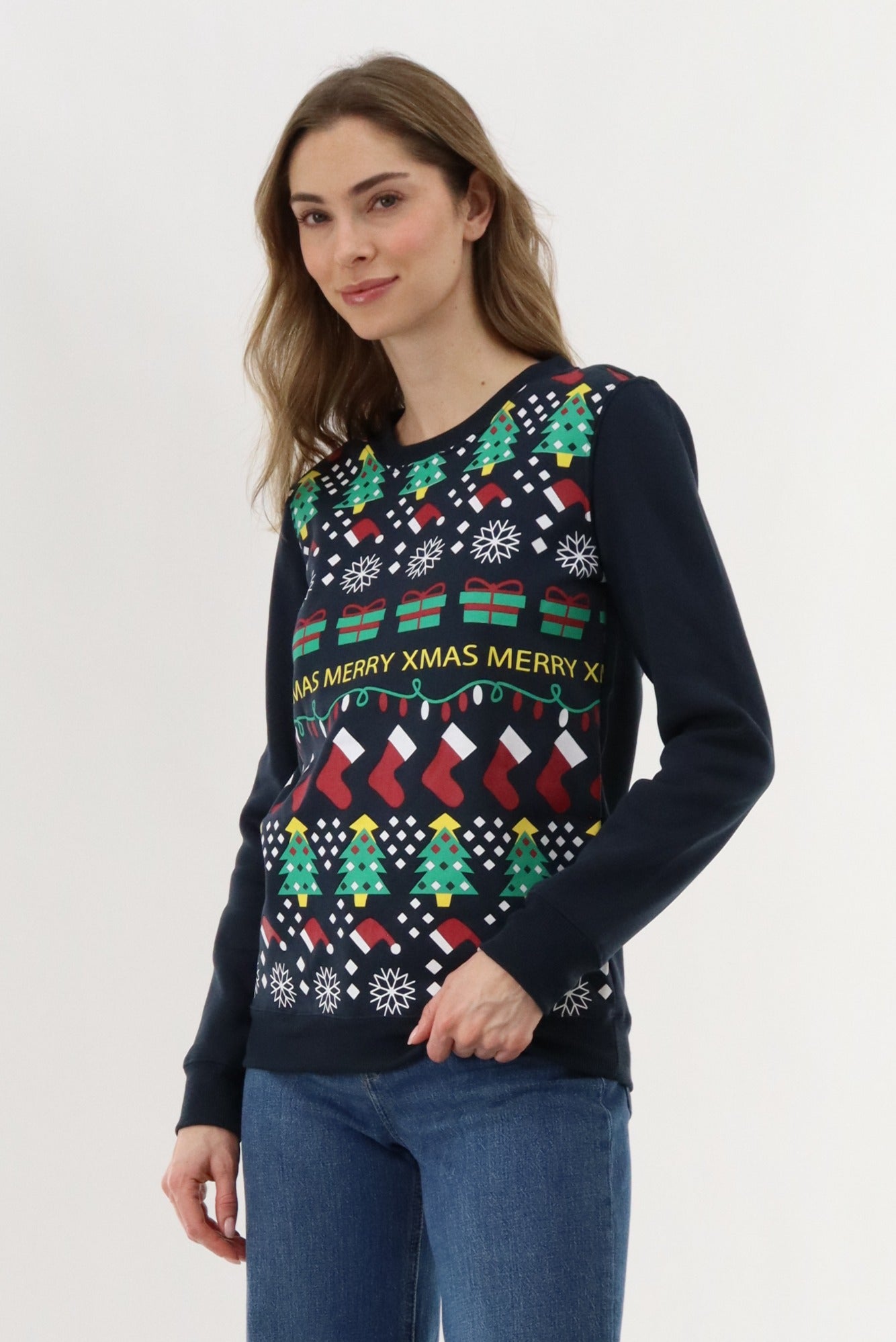 Festive Stockings Christmas Sweater - Navy - Womens Christmas Sweaters - Fairweather