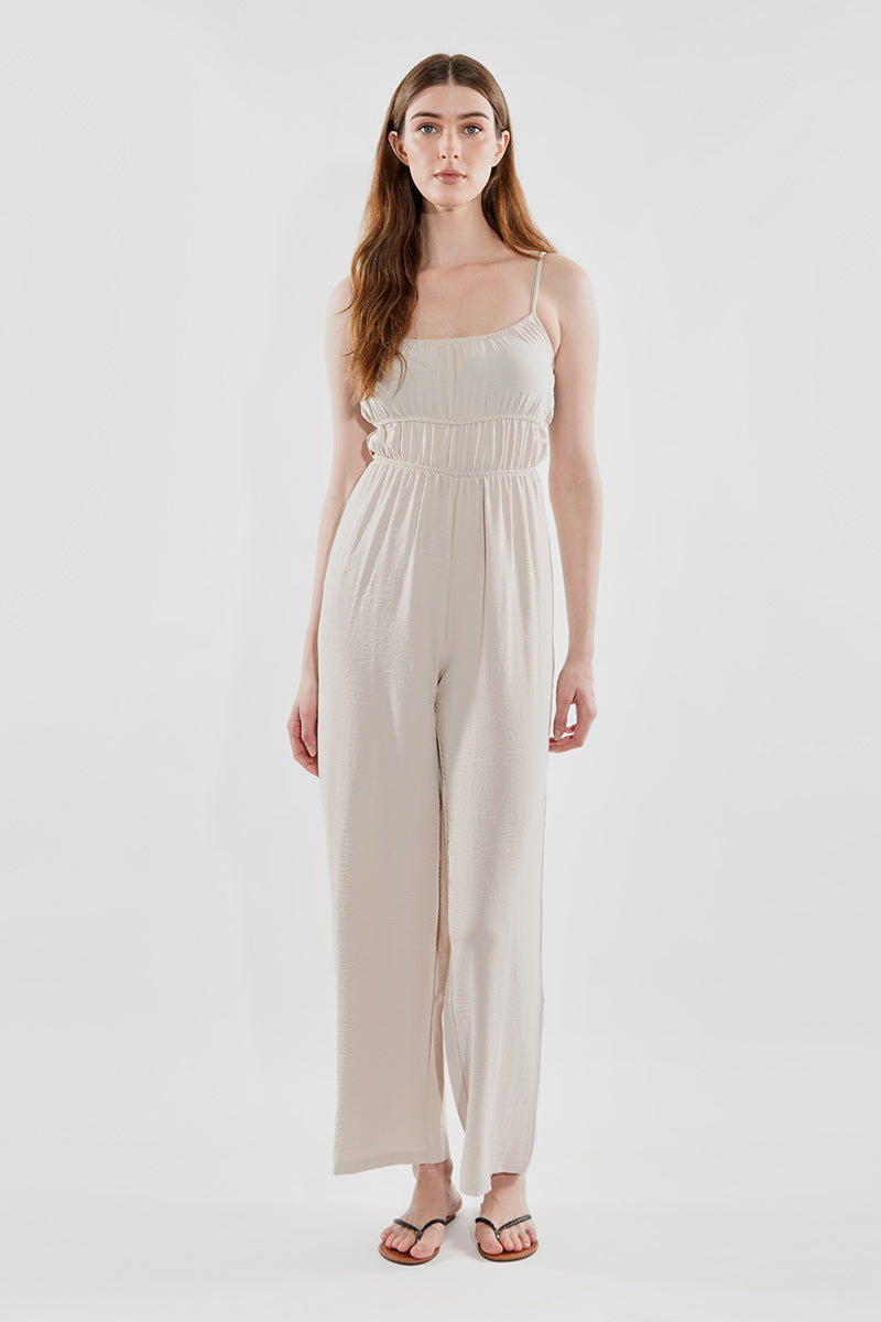 International INC Company Smocked Waist Side Slit Jumpsuit - Cream - Womens Jumpsuits & Rompers - Fairweather