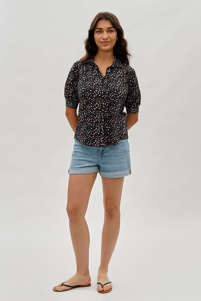 International INC Company Floral Puffer Sleeve Blouse - Black - Womens Shirts & Blouses - Fairweather