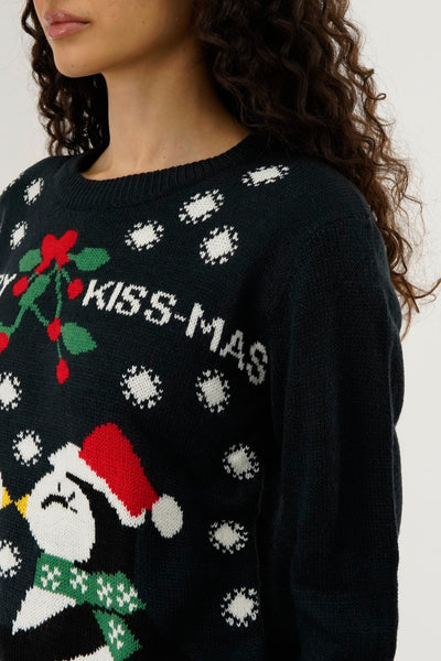 Festive Merry Kiss Mas Christmas Sweater - Black - Womens Christmas Sweaters - Fairweather