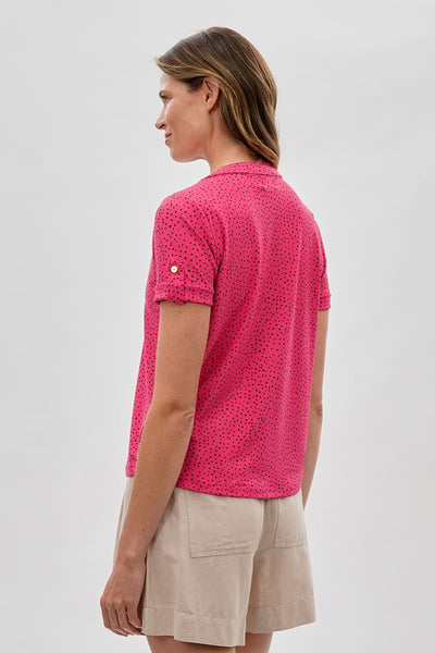 Beechers Brook Polka Dot Tie-Neck Short Sleeve Blouse - Pink - Womens Shirts & Blouses - Fairweather