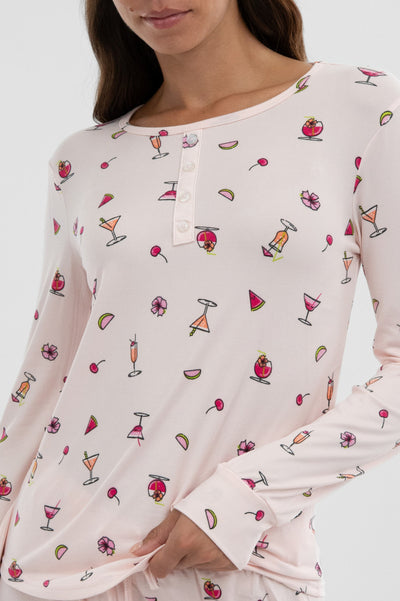 Canada Weather Gear Drink Print Henley Pajama Top - Blush - Womens Pajamas - Fairweather