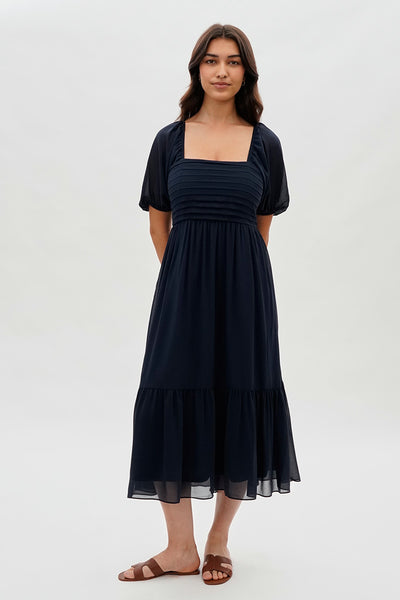 Beechers Brook Pleated Puff Sleeve Midi Dress - Navy - Womens Midi Dresses - Fairweather