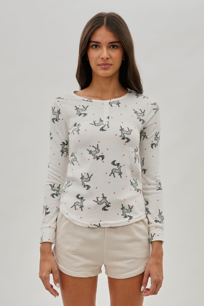 Canada Weather Gear Reindeer Print Henley Pajama Top - White - Womens Pajamas - Fairweather