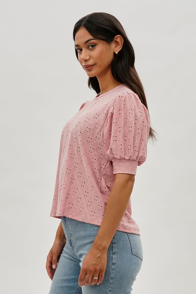 Beechers Brook Eyelet Detail Puff Sleeve Blouse - Pink - Womens Shirts & Blouses - Fairweather