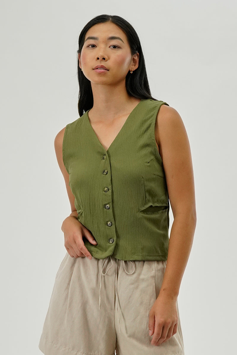 Stylexchange Vintage Button Up Sleeveless Shirt - Olive