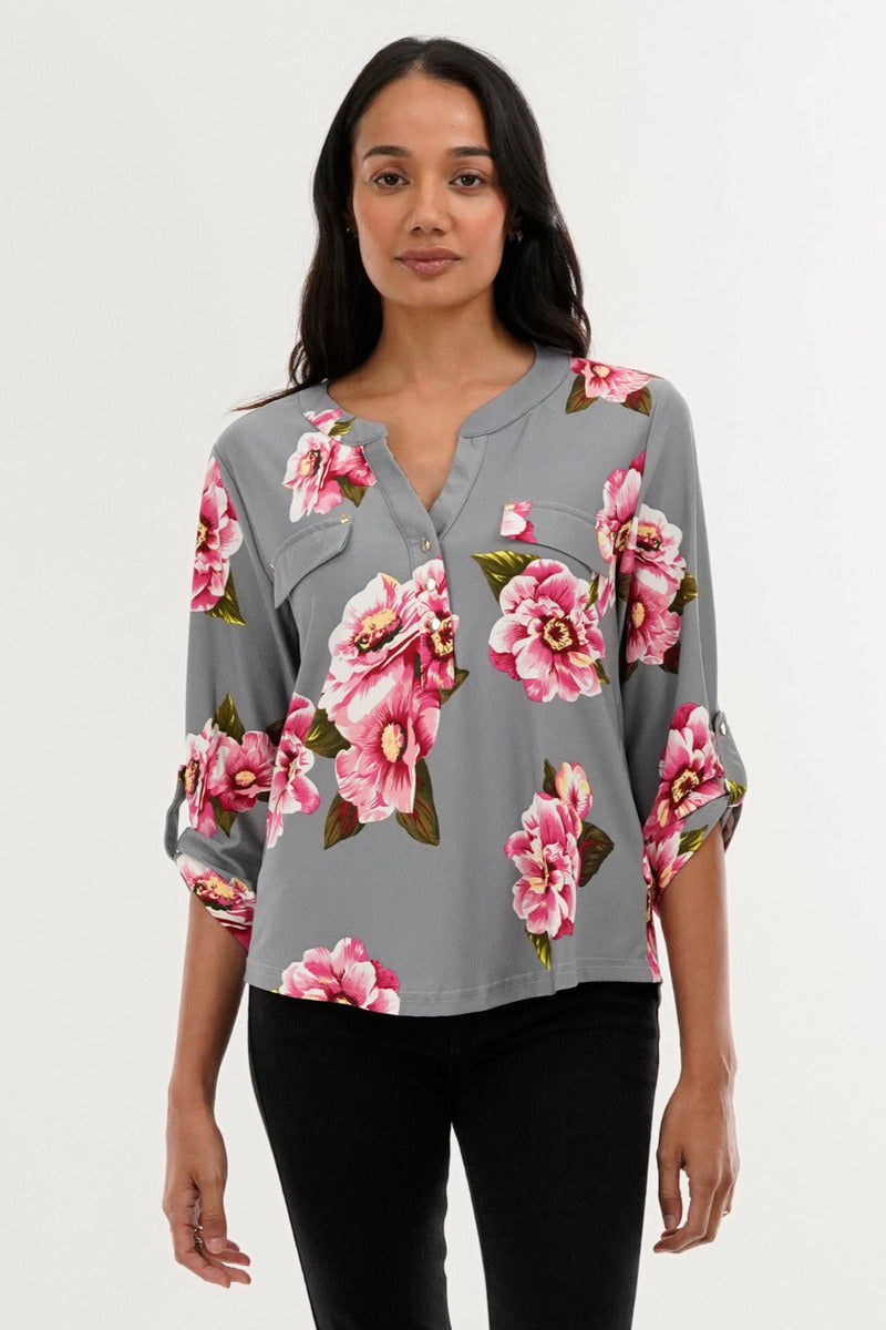 International INC Company Floral Split Neck Blouse - Grey - Womens Shirts & Blouses - Fairweather