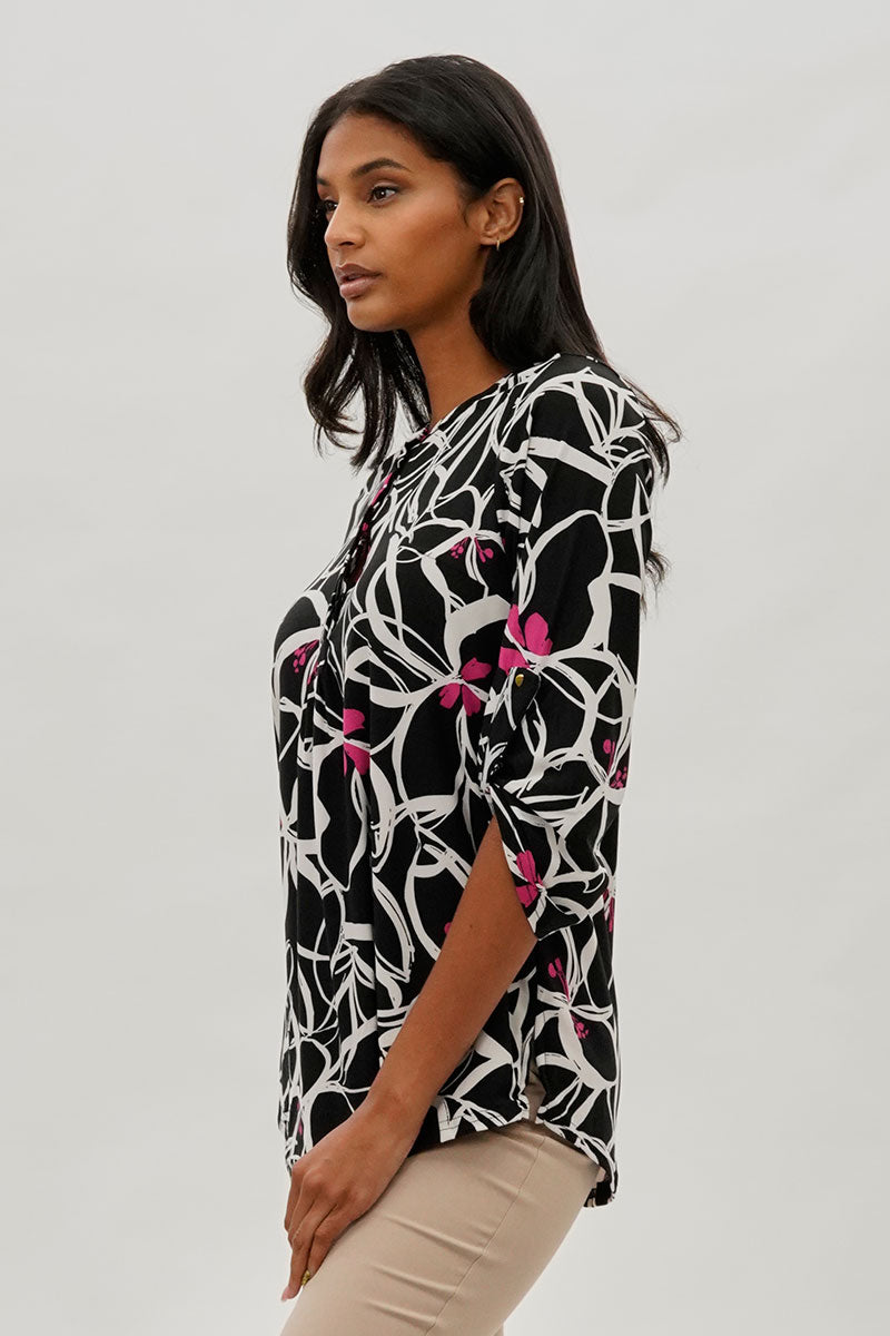 International INC Company Floral Roll Up Sleeve Blouse - Black - Womens Shirts & Blouses - Fairweather