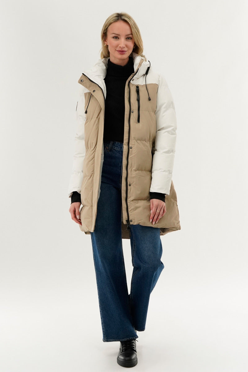 Camada Weather Gear Colour Block Puffer Parka Jacket - Beige - Womens Parka Jackets - Fairweather