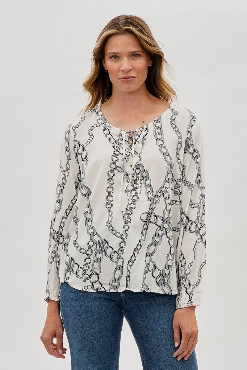 Beechers Brook Chain Print Lace Up Blouse - White - Womens Shirts & Blouses - Fairweather