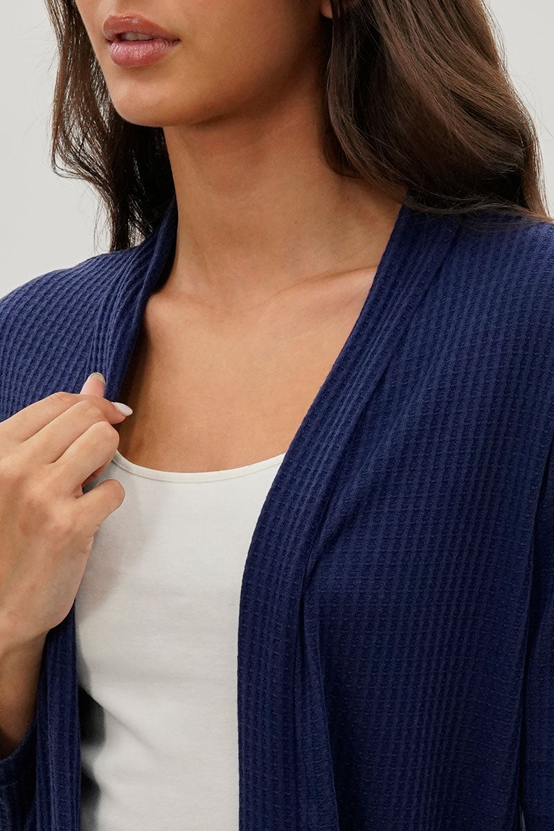 Open Front Waffle Knit Cardigan - Navy