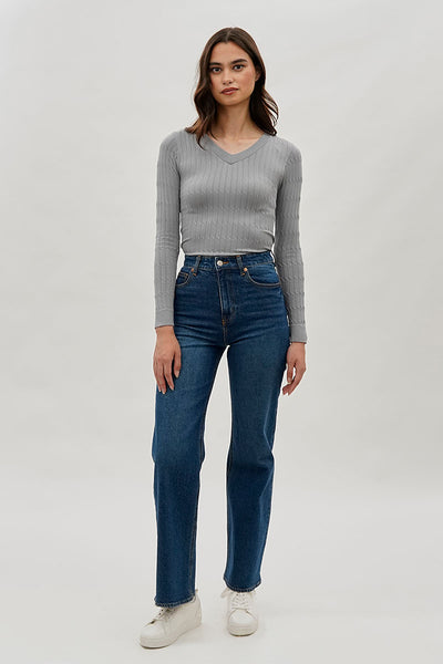 International INC Company Ribbed V-Neck Long Sleeve Top - Grey - Womens Long Sleeve Tops - Fairweather