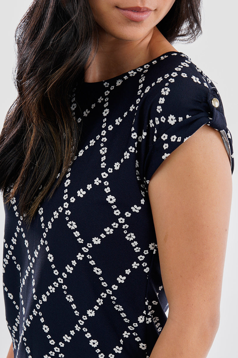 Beechers Brook Floral Cap Sleeve Back Slit Tee - Navy - Womens Tees & Tank Tops - Fairweather