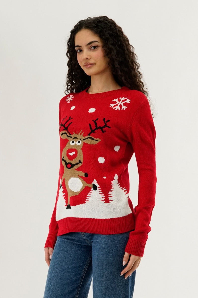 Festive Dancing Reindeer Christmas Sweater - Red - Womens Christmas Sweaters - Fairweather