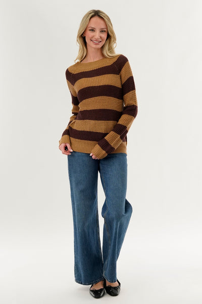 International INC Company Striped Knit Crewneck Pullover Sweater - Brown - Womens Pullover Sweaters - Fairweather