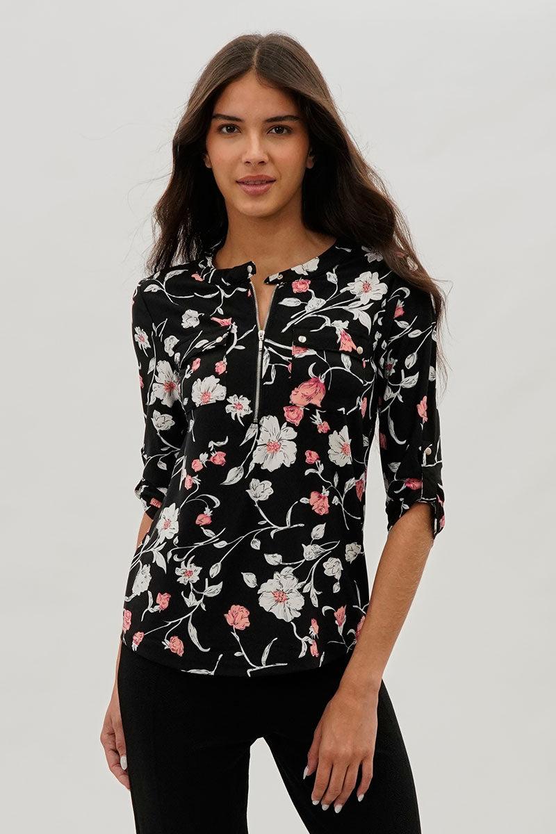 International INC Company Floral Half Zip Blouse - Black - Womens Shirts & Blouses - Fairweather