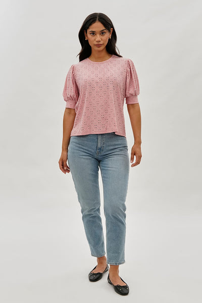 Beechers Brook Eyelet Detail Puff Sleeve Blouse - Pink - Womens Shirts & Blouses - Fairweather