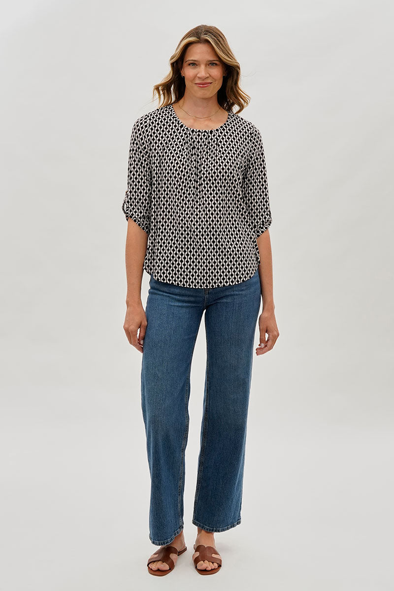Beechers Brook Patterned Roll Up Sleeve Blouse - White - Womens Shirts & Blouses - Fairweather