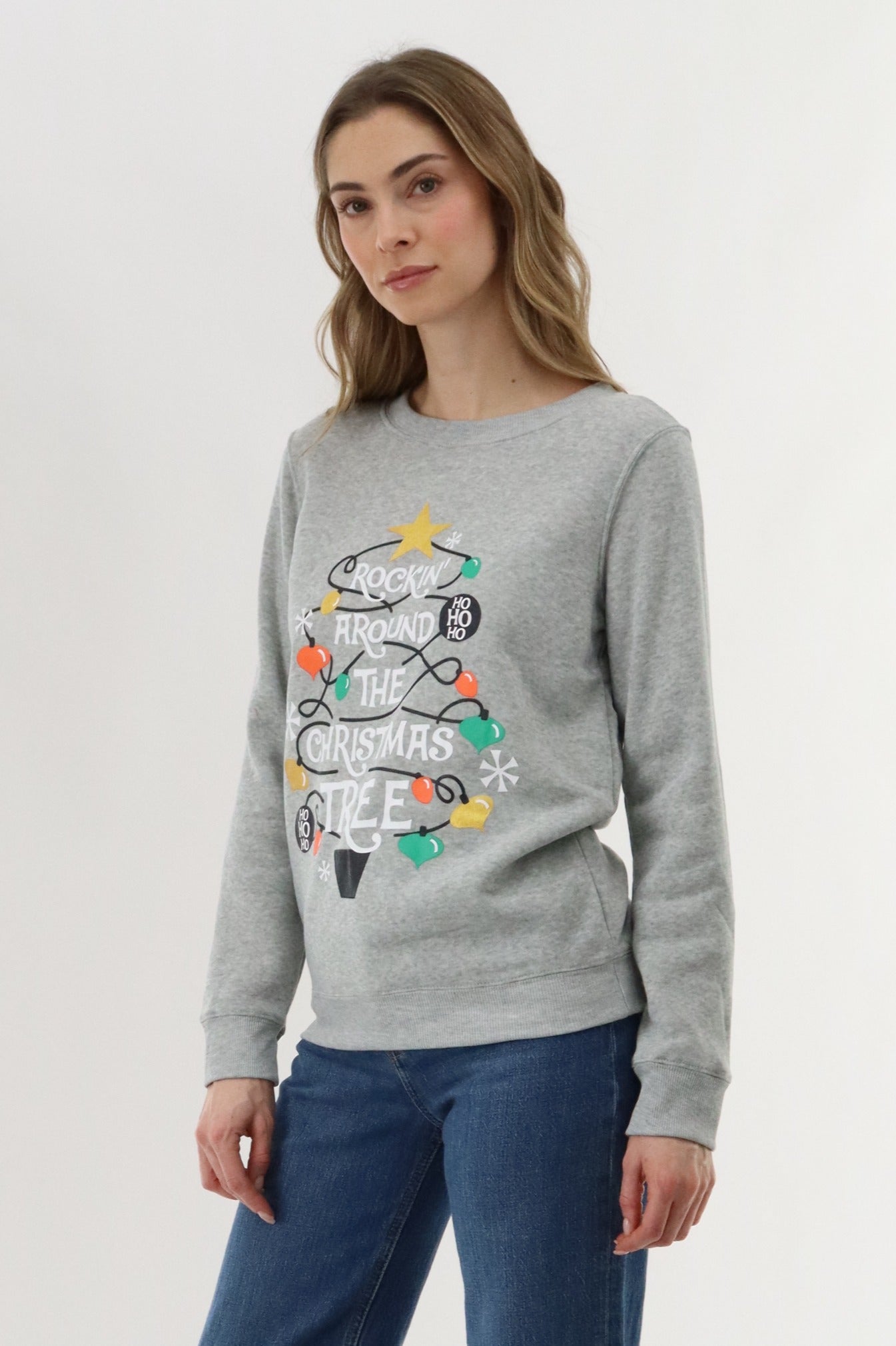 Festive Rockin' Around Christmas Sweater - Grey - Womens Christmas Sweaters - Fairweather