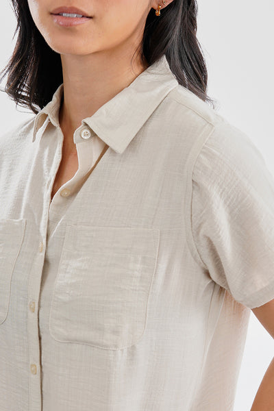 Super Triple Goose Vintage Short Sleeve Button Up Textured Shirt - Cream - Womens Shirts & Blouses - Fairweather