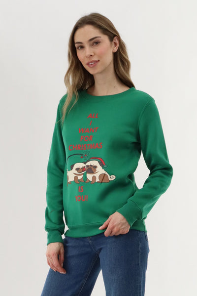 Festive Pugs Christmas Sweater - Green - Womens Christmas Sweaters - Fairweather