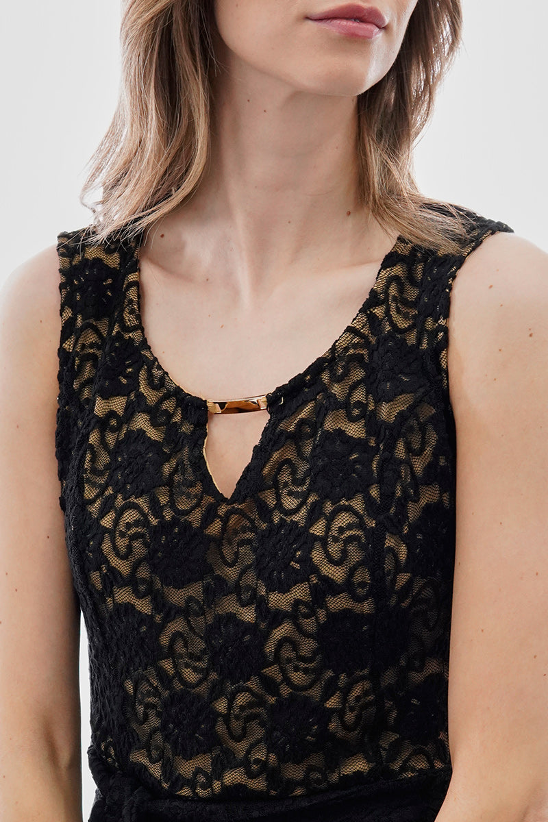 Costa Blanca Belted Lace Gold Bar Detail Day Dress - Black - Womens Cocktail Dresses - Fairweather