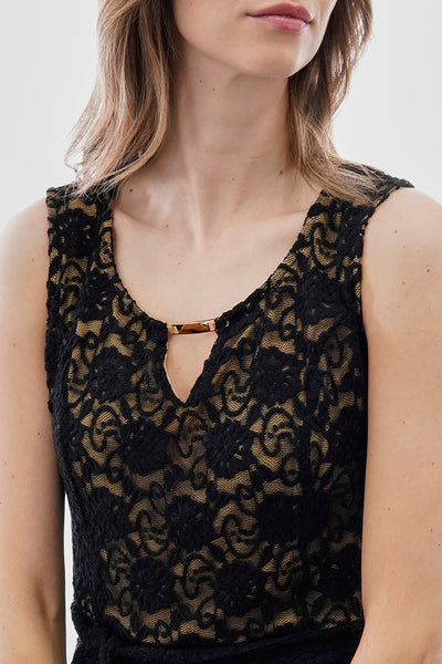 Costa Blanca Belted Lace Gold Bar Detail Day Dress - Black - Womens Cocktail Dresses - Fairweather
