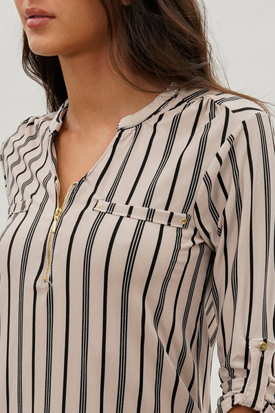 International INC Company Striped 1/4 Zip Blouse - Beige - Womens Shirts & Blouses - Fairweather