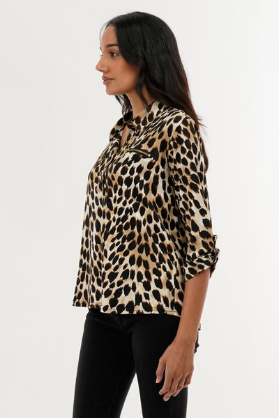 International INC Company Leopard Print Roll Up Sleeve Blouse - Beige - Womens Shirts & Blouses - Fairweather