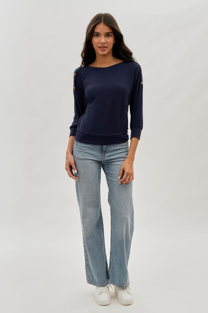 International INC Company Ribbed Button Detail Pullover Sweater - Navy - Womens Pullover Sweaters - Fairweather