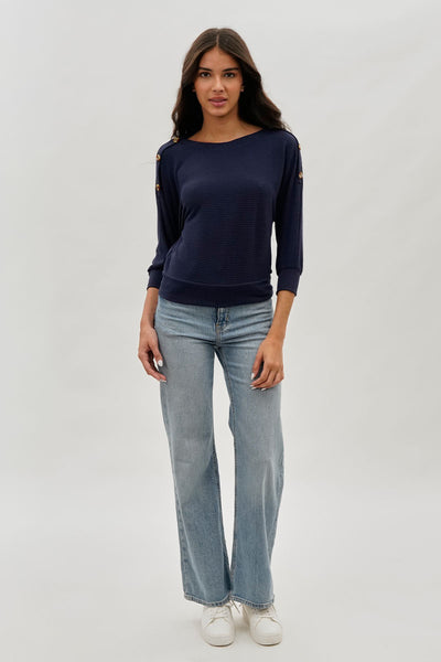 International INC Company Ribbed Button Detail Pullover Sweater - Navy - Womens Pullover Sweaters - Fairweather