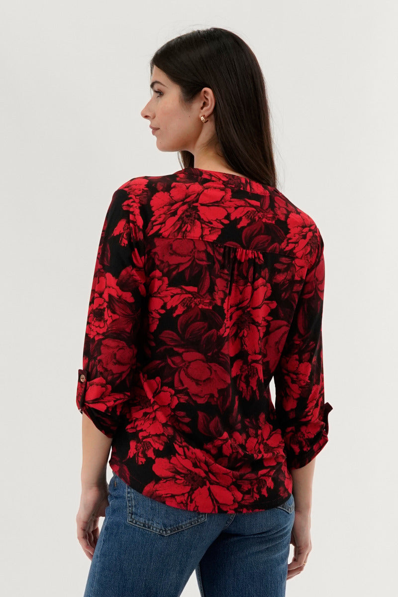 Beechers Brook Floral Split Neck Blouse - Red - Womens Shirts & Blouses - Fairweather