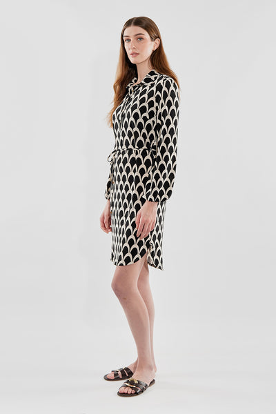 Beechers Brook Patterned Tie Waist Long Sleeve Day Dress - Black