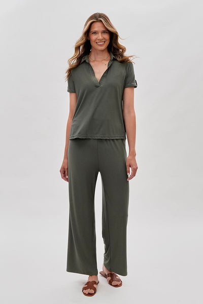 Costa Blanca Short Sleeve Split Neck Blouse - Olive - Womens Shirts & Blouses - Fairweather