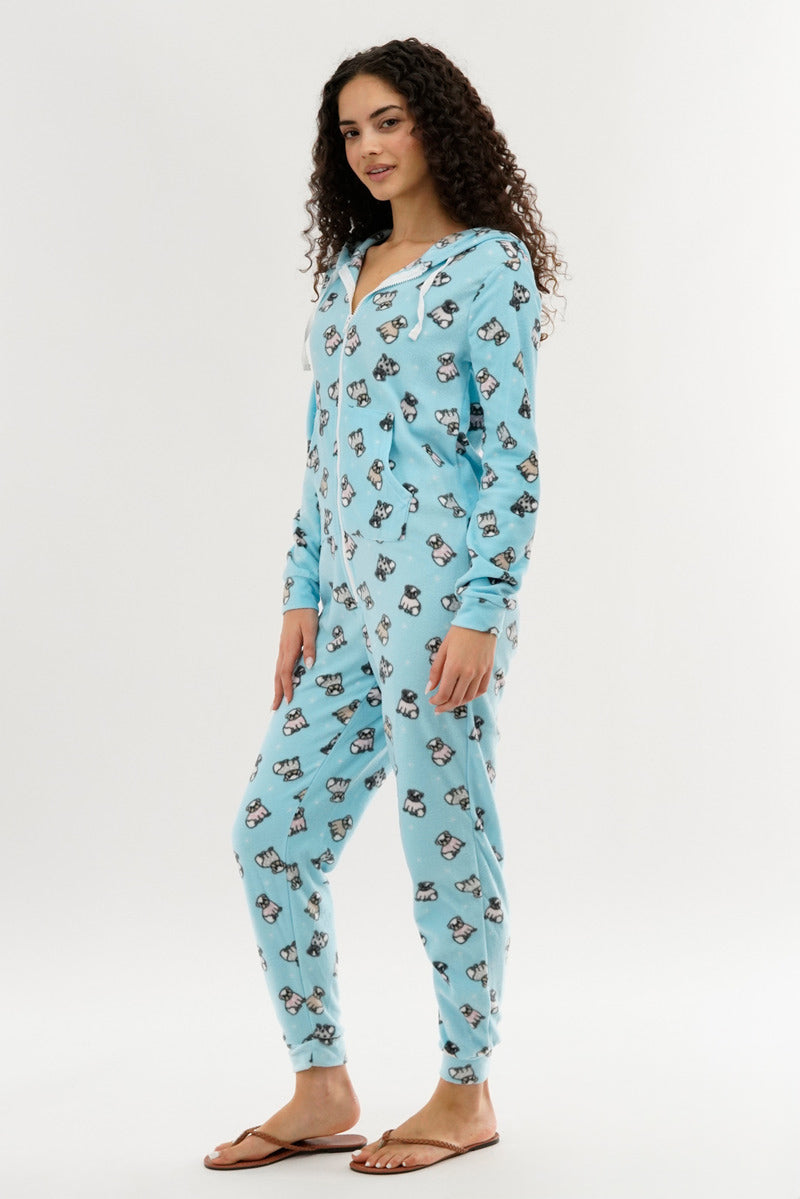 Canada Weather Gear Pug Print Fleece Onesie - Aqua - Womens Onesies - Fairweather