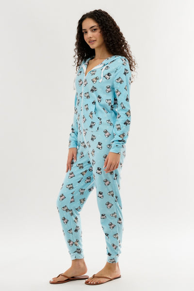 Canada Weather Gear Pug Print Fleece Onesie - Aqua - Womens Onesies - Fairweather