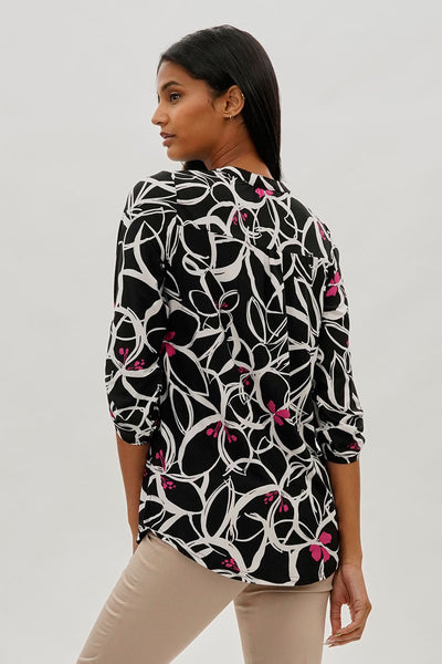 International INC Company Floral Roll Up Sleeve Blouse - Black - Womens Shirts & Blouses - Fairweather