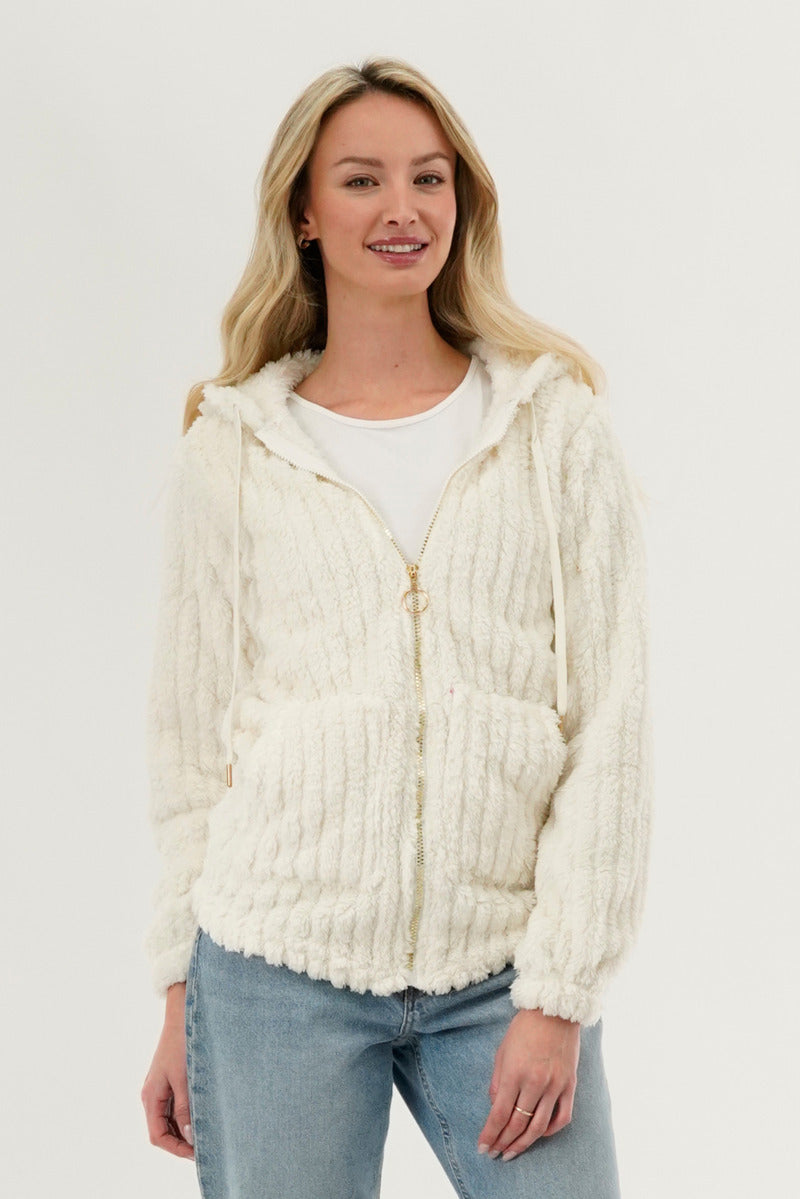 Fahrenheit Plush Hooded Zip Up Lightweight Jacket - White