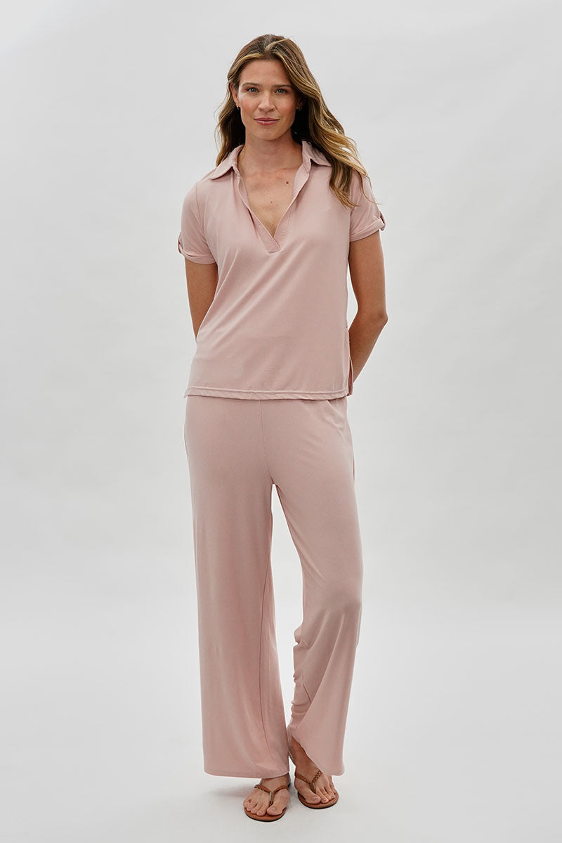 Costa Blanca Short Sleeve Split Neck Blouse - Blush - Womens Shirts & Blouses - Fairweather