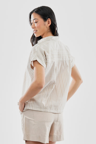 Beechers Brook Striped Button Up Short Sleeve Shirt - Beige - Womens Shirts & Blouses - Fairweather