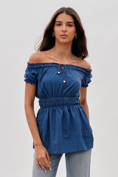 Runaway Bay Cinched Short Sleeve Blouse - Blue - Womens Shirts & Blouses - Fairweather