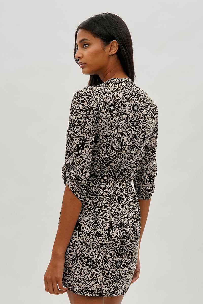 Beechers Brook Baroque Print Tie Waist Half Zip Day Dress - Black - Womens Day Dresses - Fairweather