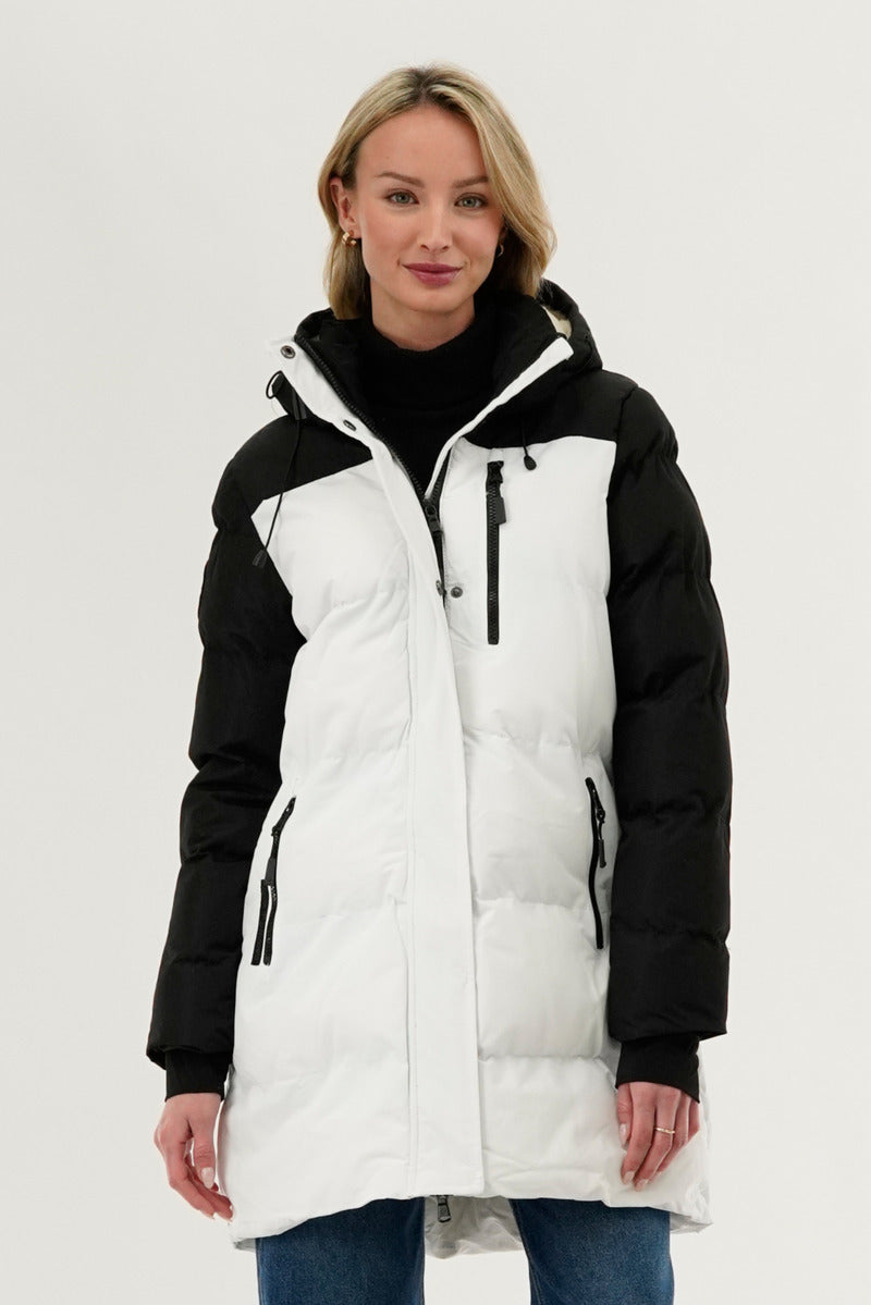Camada Weather Gear Colour Block Puffer Parka Jacket - White - Womens Parka Jackets - Fairweather