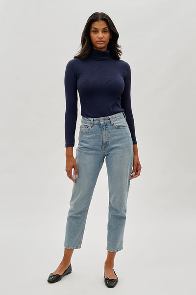 Magazine Ribbed Turtleneck Pullover Sweater - Navy - Womens Tees & Tank Tops - Fairweather