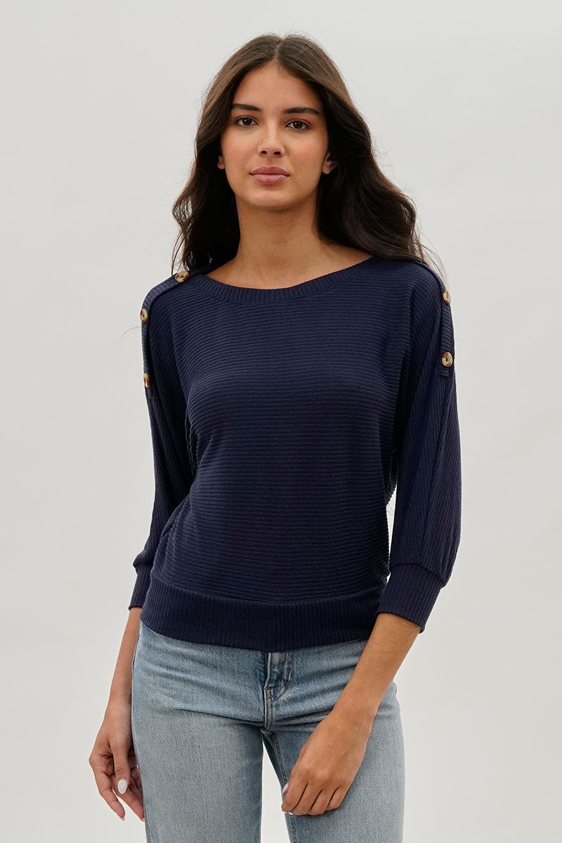 International INC Company Ribbed Button Detail Pullover Sweater - Navy - Womens Pullover Sweaters - Fairweather