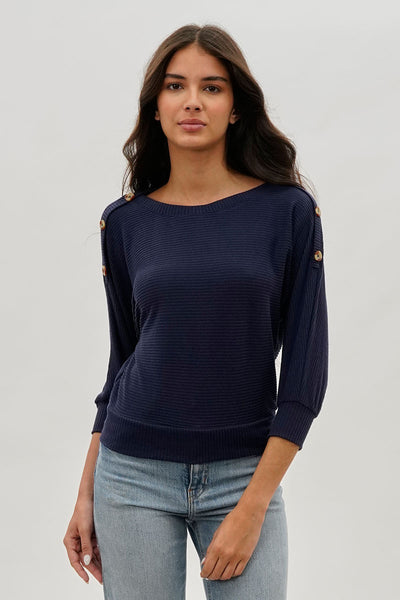International INC Company Ribbed Button Detail Pullover Sweater - Navy - Womens Pullover Sweaters - Fairweather