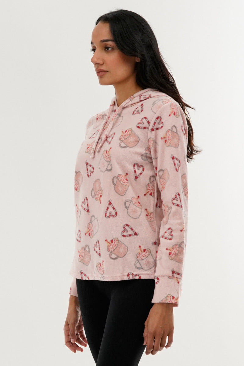 Canada Weather Gear Festive Print Hooded Pajama Top - Pink - Womens Pajamas - Fairweather